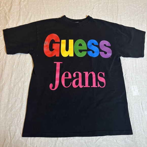 Vintage Guess Jeans Shirt Mens One Size Black Rainbow Logo Graphic 80s - Picture 2 of 14